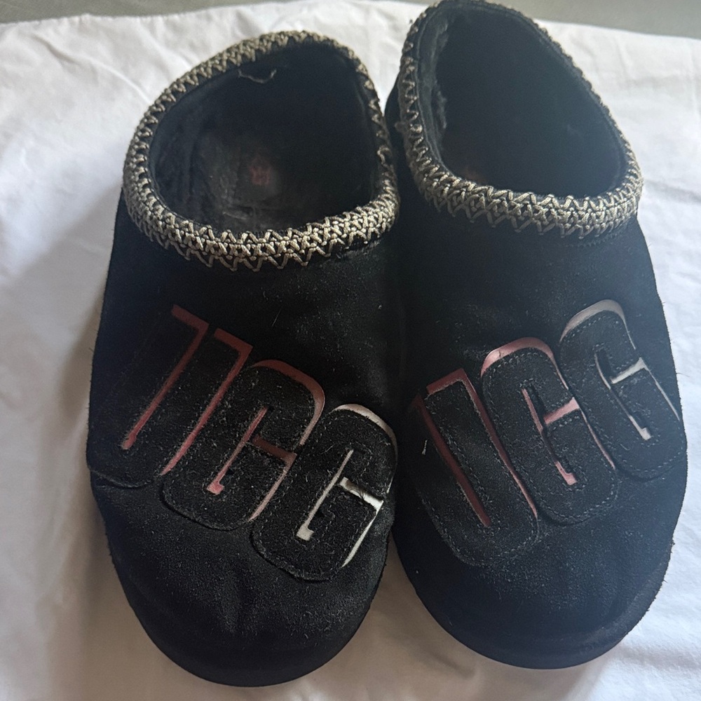 UGG Men Black Suede Slip-On Logo Slippers.